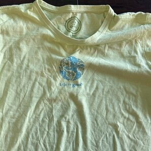 Life Is Good Women's Pale Yellow Long Sleeve Tee with Blue Floral Peace Graphic